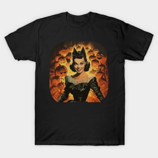 Retro Halloween Witch Girl with Pumpkins and Bats T-Shirt